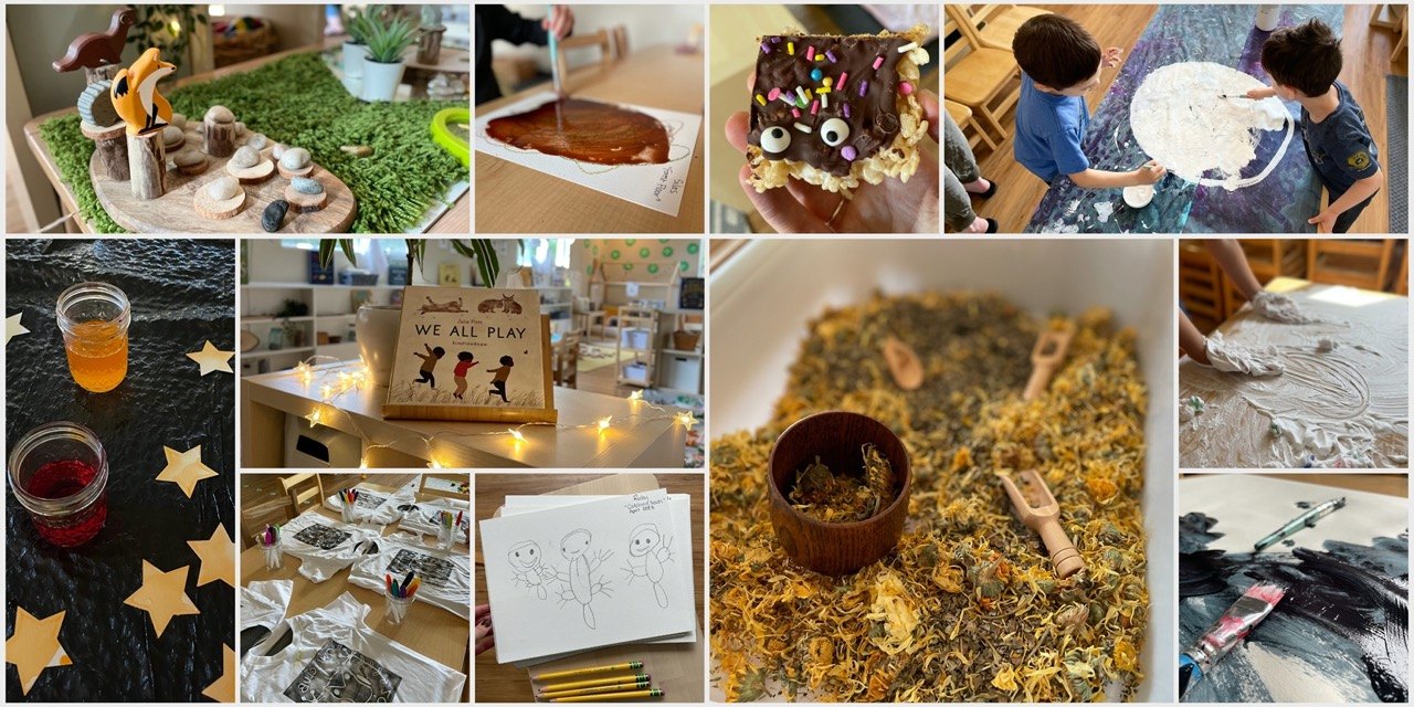 A collage of classroom work: a small-world nature tray, paint and sensory play, a decorated gingerbread face, children at an easel, coloured liquid in jars, a “We All Play” book display, printmaking and child drawings, a dried-flower sensory bin, and hands in shaving cream